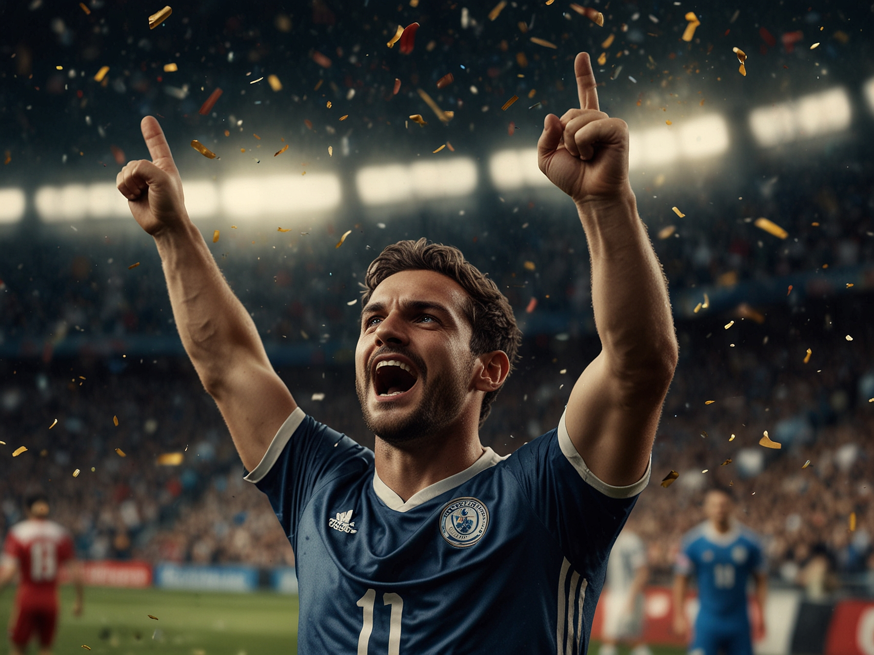 Athlete celebrating a victory on a stadium pitch